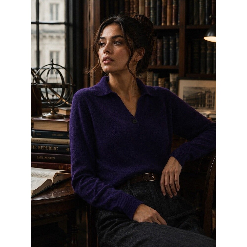 Prive 100% Cashmere Sweater Size Small Collared Purple V Neck Academia Preppy